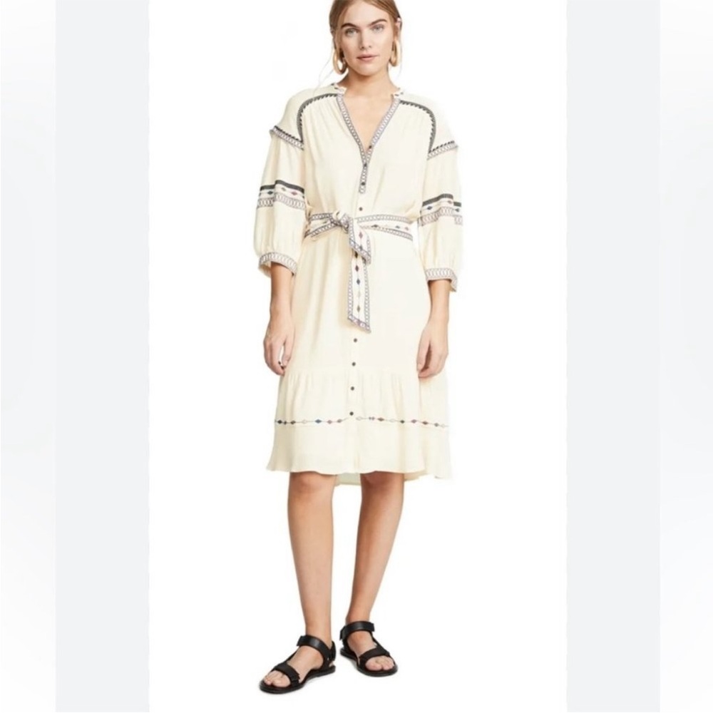 BA&SH Patty Embroidered Button Front Tie Waist Midi 3/4 Sleeve V-Neck Dress